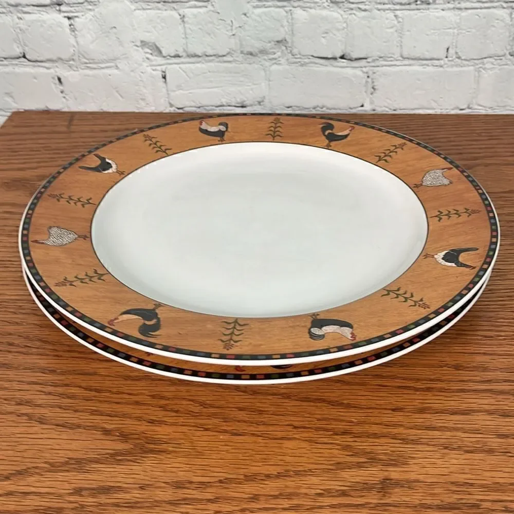 2 Country Quartet Chicken Rooster 12” Dinner Plates Warren Kimble Sakura Brandon